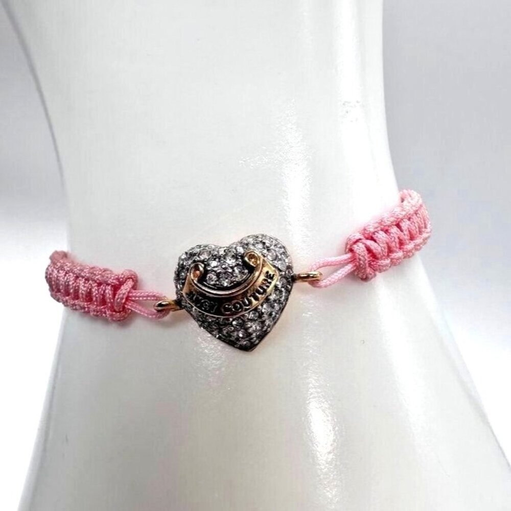Juicy Couture Bracelet Pink Braid Friendship Pave Crystal Heart Charm Gold Tone‎